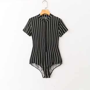 连衣裤 新款 简约休闲百搭 拉链圆领短袖 夏季 条纹连体裤 外贸韩版