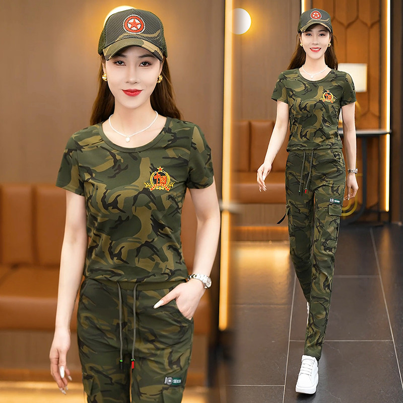 舒奇丽迷彩工装显瘦运动套装女士轻奢短袖POLO领大码水兵舞服潮流