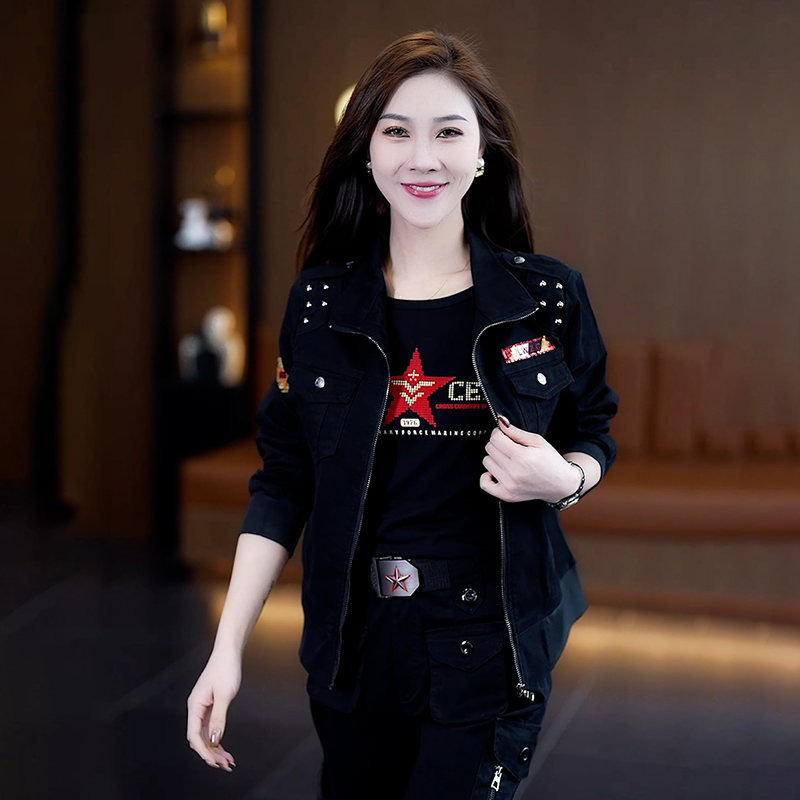 迷彩服绿外套女工装裤秋束脚短款显瘦休闲运动多口袋黑色裤子788