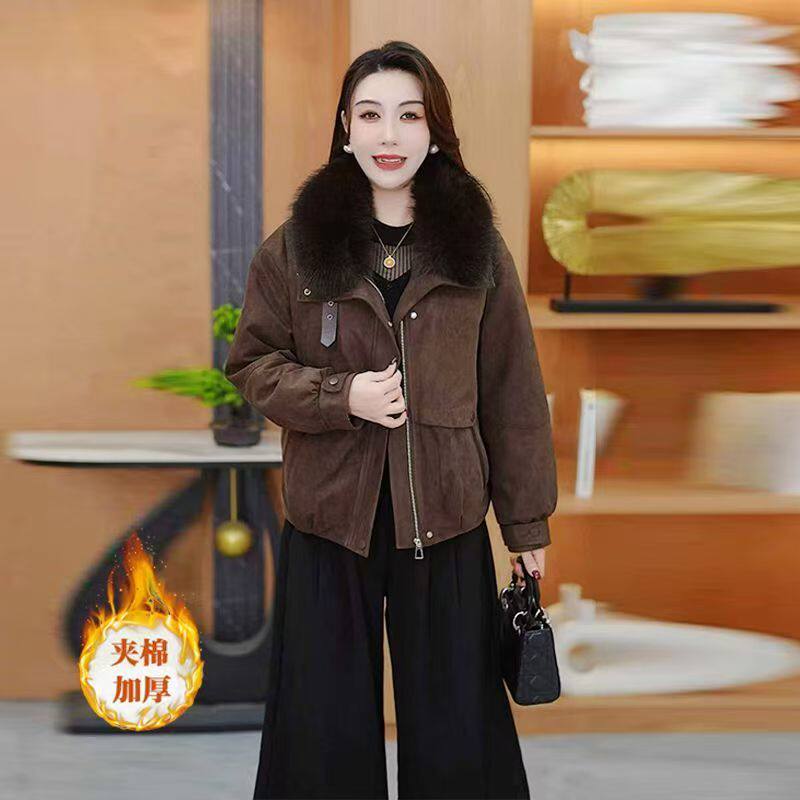 毛领翻领短款麂皮棉服2026冬新洋气宽松外套女复古时尚加棉棉衣