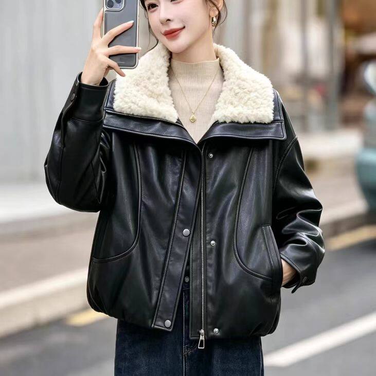 高档羊羔时尚翻领PU皮衣夹棉外套女加厚2026冬季短款小个子保暖
