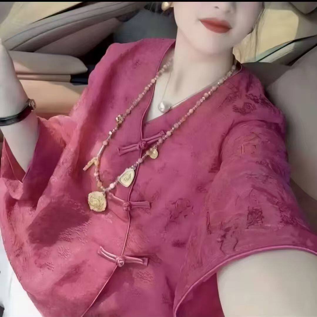 玫红提花中国风七分袖上衣母亲节衣服轻薄轻奢国风女绣花衬衣女