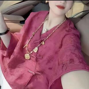 玫红提花中国风七分袖上衣母亲节衣服轻薄轻奢国风女绣花衬衣女