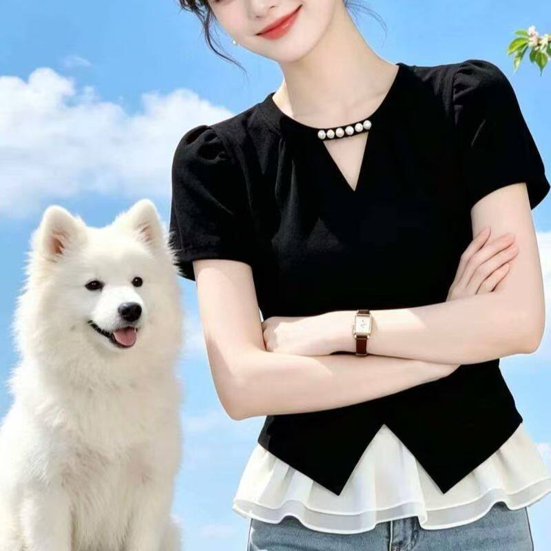 高档黑色V领短袖T恤女士显瘦百搭2026年夏季新款面试穿搭t恤求职