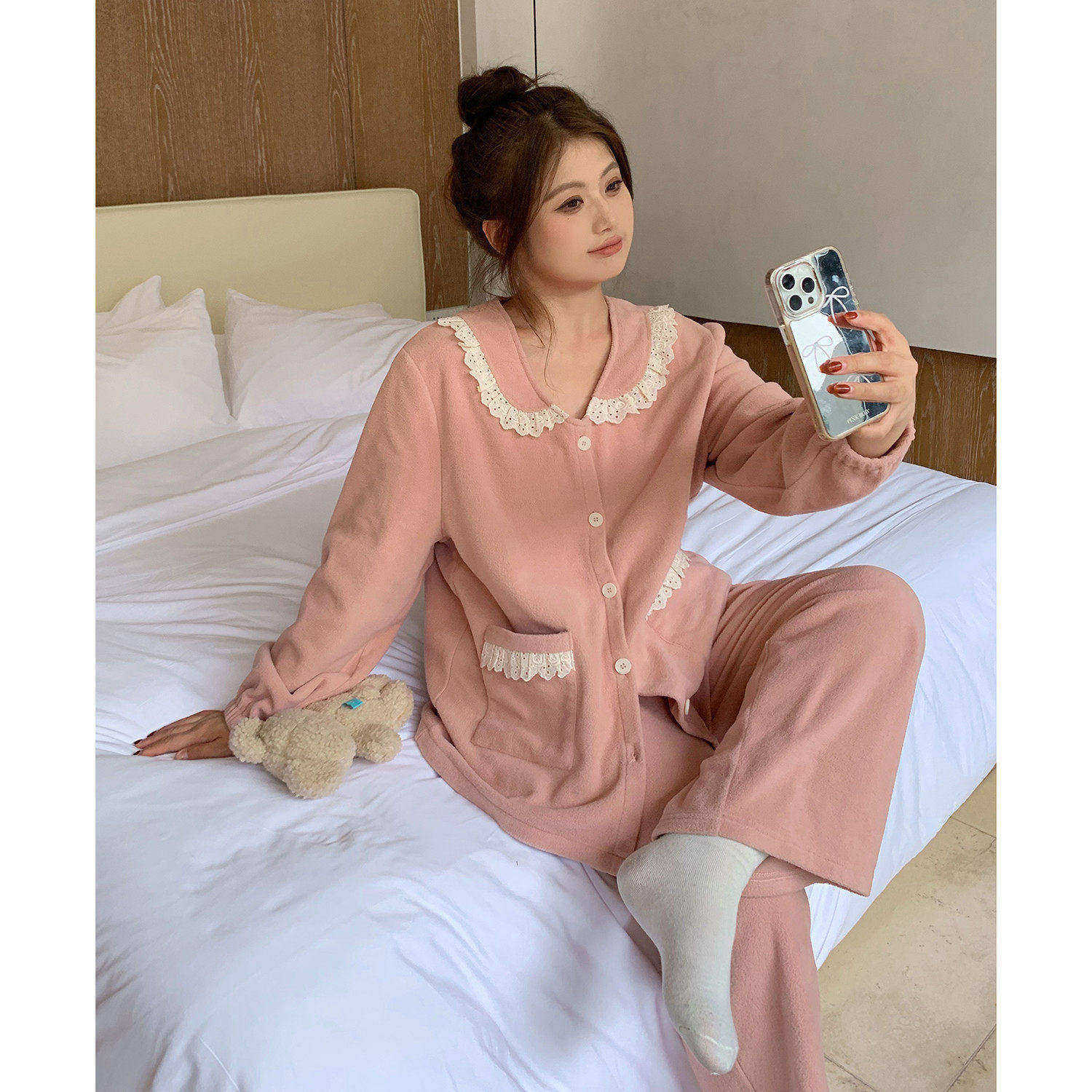 ALIN大码家居胖妹妹mm甜美娃娃领睡衣秋冬200斤摇粒绒家居服套装