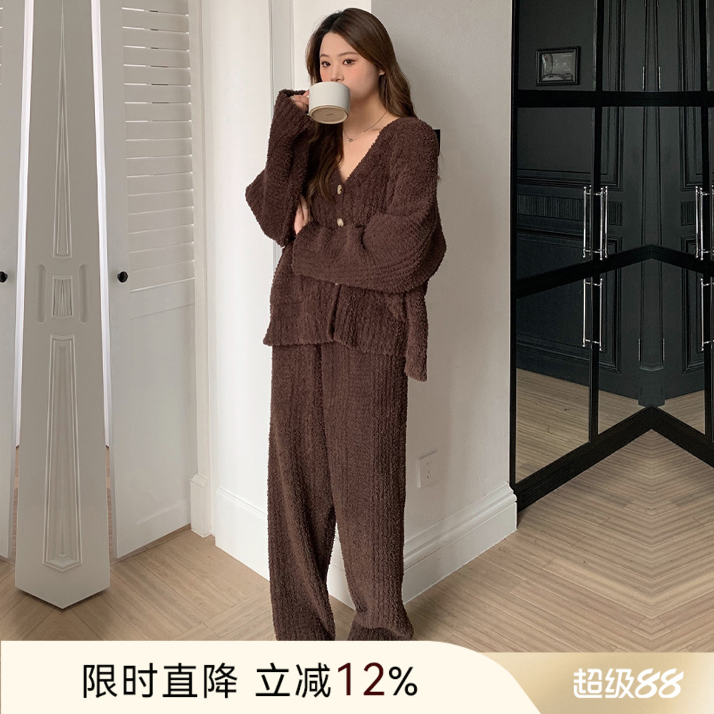 ALIN大码家居馆胖mm保暖V领慵懒感睡衣冬200斤长袖加厚家居服套装