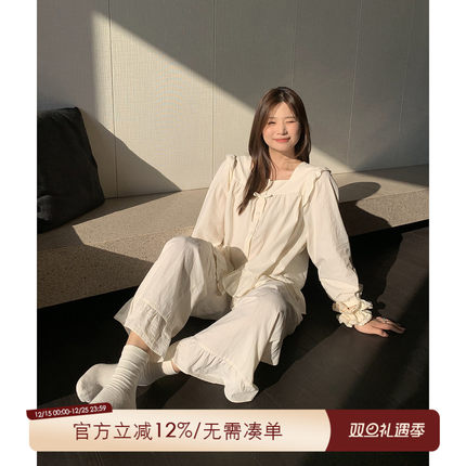 ALIN大码家居胖mm法式少女睡衣纯欲风春200斤长袖纯棉家居服套装