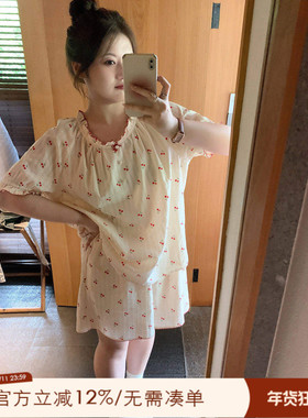 ALIN大码家居胖妹妹mm薄款睡衣夏季200斤纯棉短袖可爱家居服套装