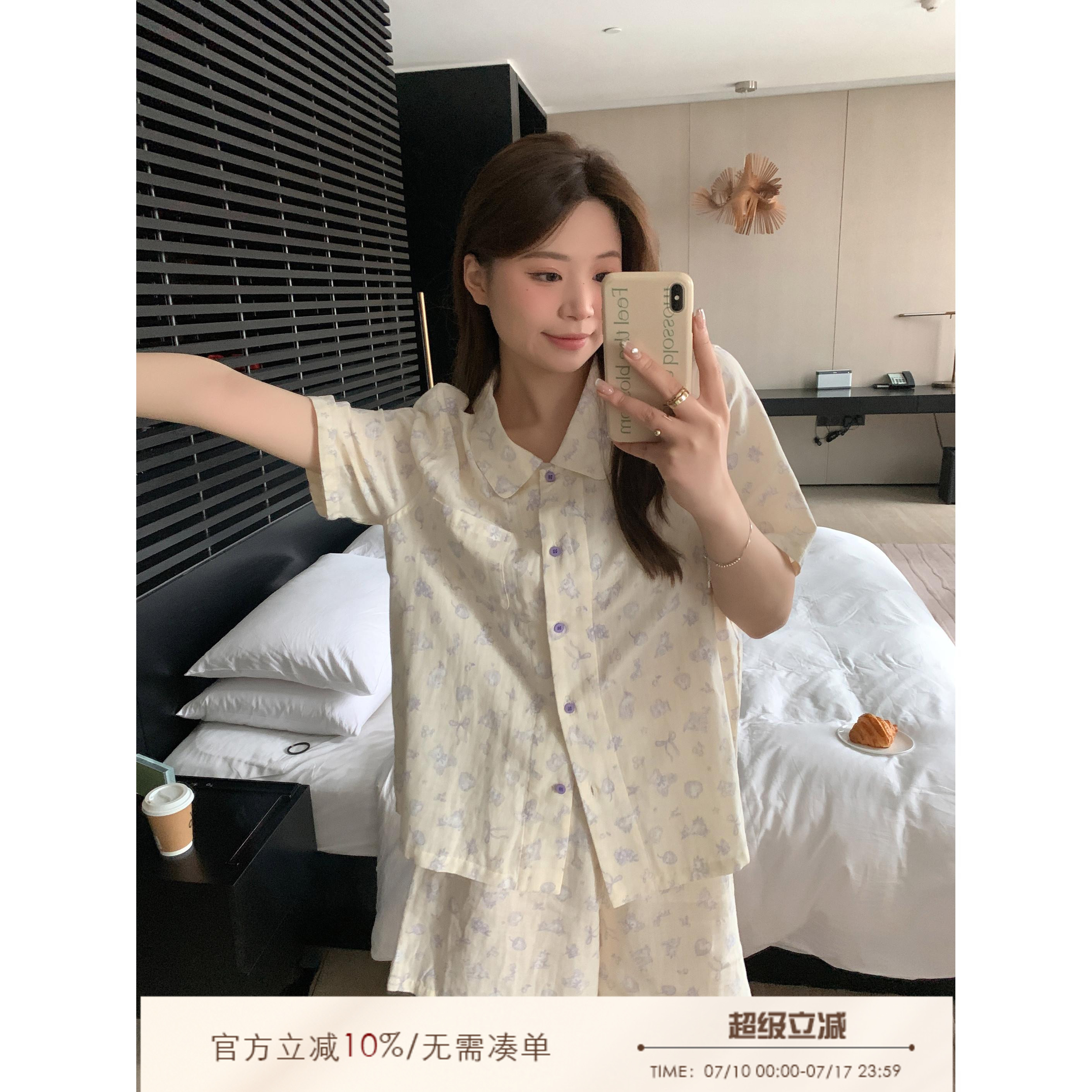 ALIN大码家居2024新款胖mm可爱睡衣女夏纯棉200斤薄款家居服套装