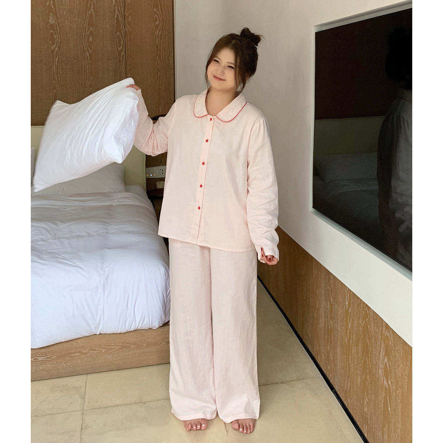 ALIN大码家居胖妹妹宽松长袖家居服女秋冬200斤粉色红豆纯棉睡衣 - 实物图