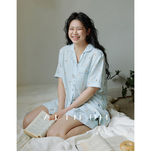 ALINDM大码胖mm可爱小熊睡衣女款2026新款夏季纯棉短袖家居服套装