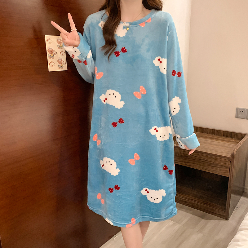 2025年秋冬季珊瑚绒睡裙女加厚法兰绒睡衣甜美可爱卡通学生居家服