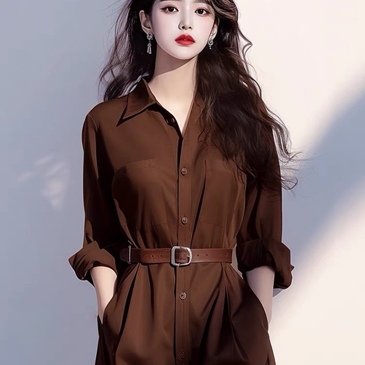 不晚秋季新款慵懒风气质棕色衬衫连衣裙法式冷淡系独特别致裙子女