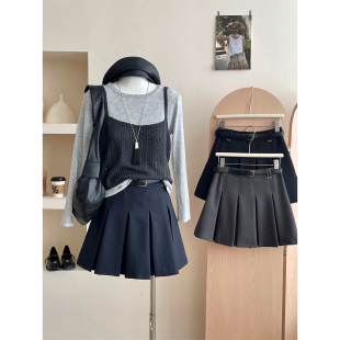 复古学院风辣妹减龄西装 百褶短裙女夏洋气休闲a字防走光半身裙子