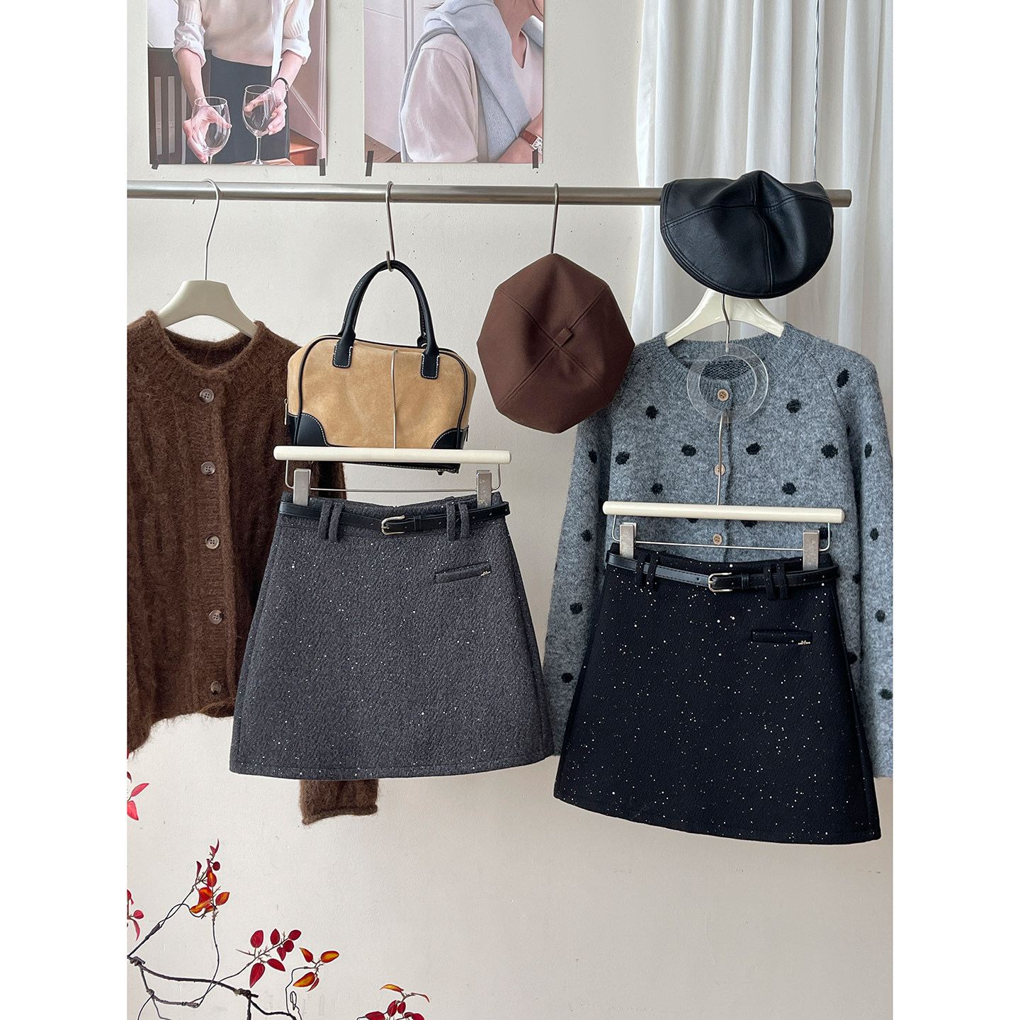 miu系氛围感亮片毛呢料西装短裙