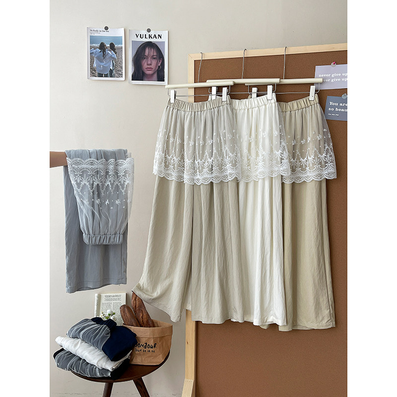 日韩系蕾丝裙屁帘拼接洗水棉阔腿裤女春夏假两件温柔风直筒休闲裤,女装/女士精品,休闲裤,淘宝优惠券,粉丝福利购,淘宝优惠卷