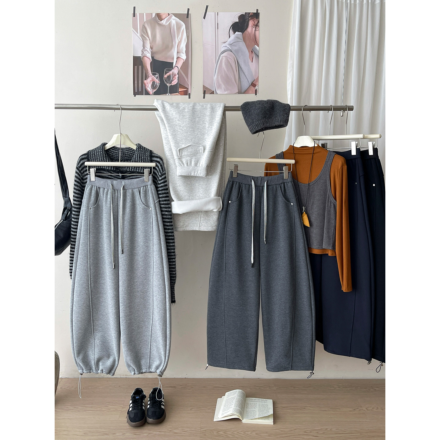 日韩系抽绳束脚两穿加绒弯刀阔腿裤女秋冬松弛感直筒休闲哈伦卫裤,女装/女士精品,休闲裤,淘宝优惠券,粉丝福利购,淘宝优惠卷