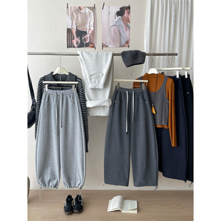 日韩系抽绳束脚两穿加绒弯刀阔腿裤 女秋冬松弛感直筒休闲哈伦卫裤