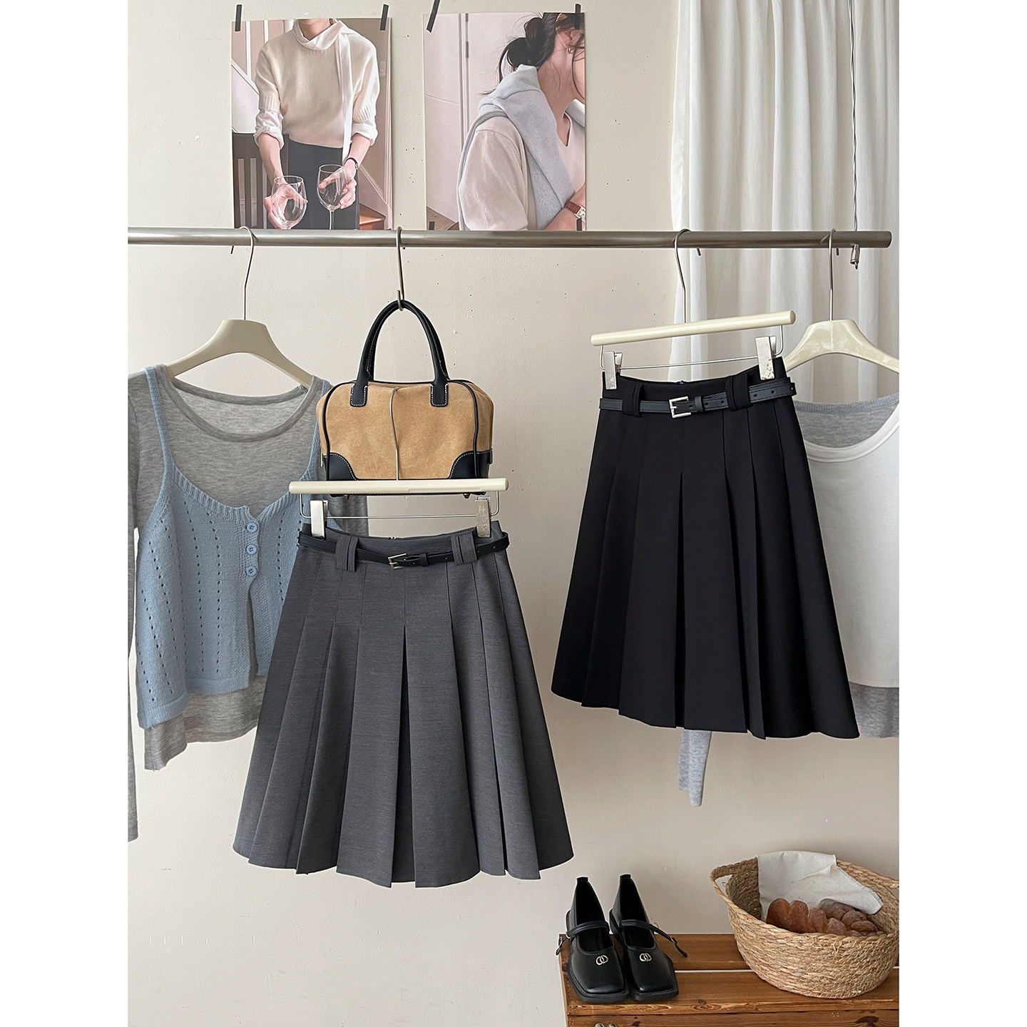 日韩系学院风复古百搭压褶西装中裙女春夏法式显瘦遮胯半身短裙子