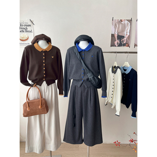 日韩系拼色扣翻领爱心刺绣针织开衫 女秋冬洋气内百搭叠穿毛衣外套