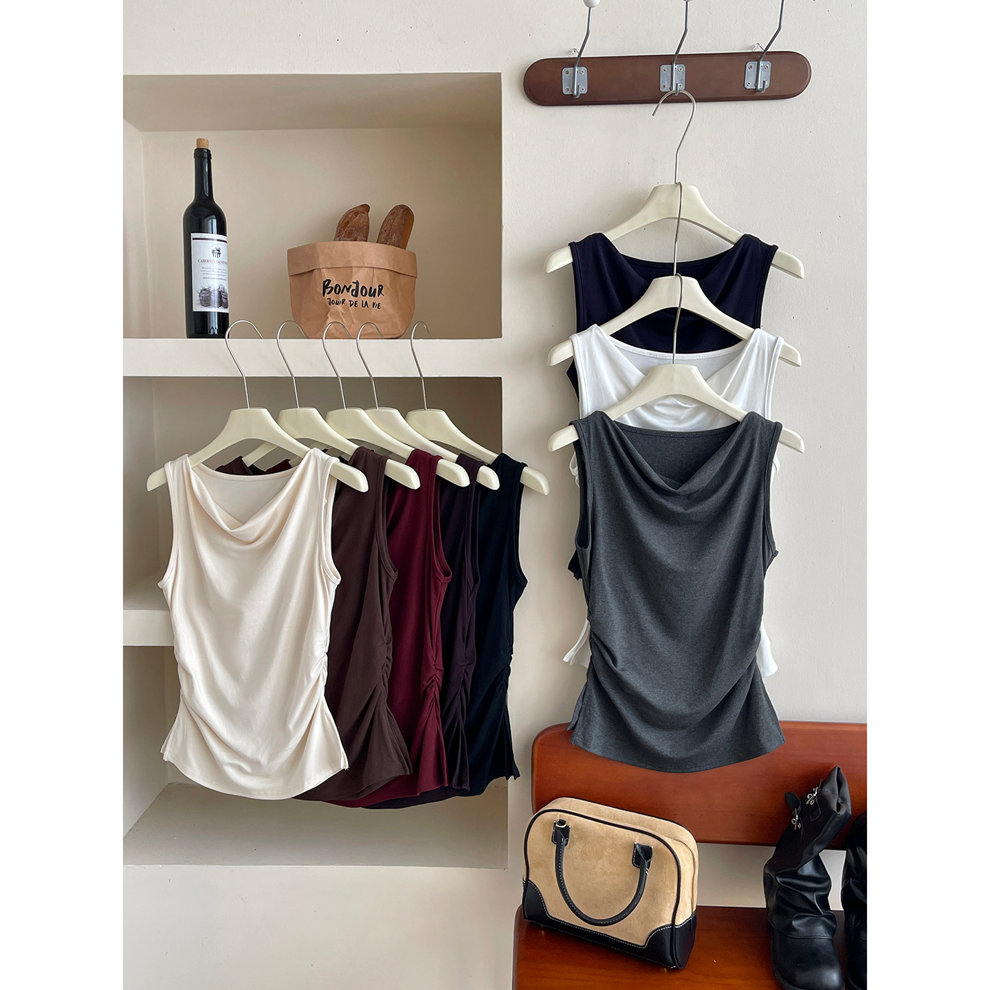 法式复古不规则荡领背心气质显瘦