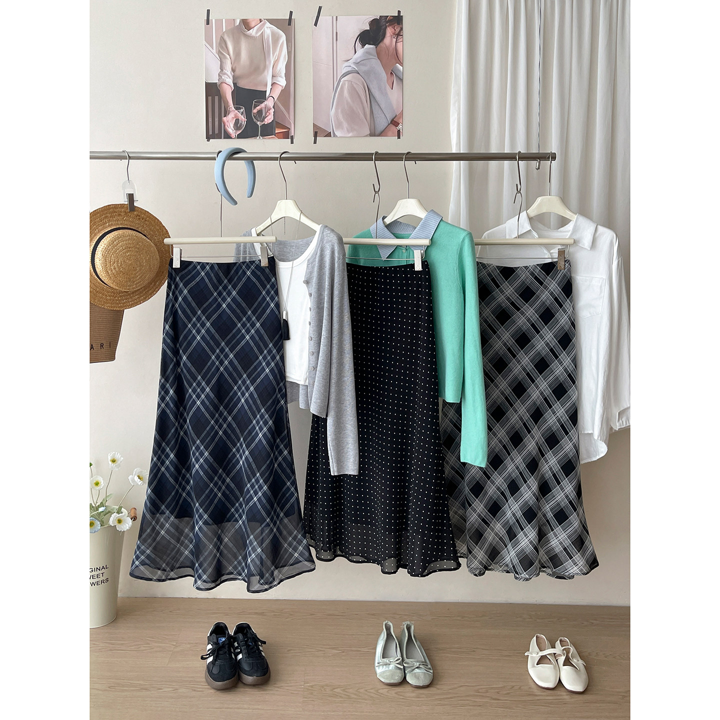 日韩系复古格纹网纱鱼尾半身裙女春夏小波点洋气质包臀a字长裙子