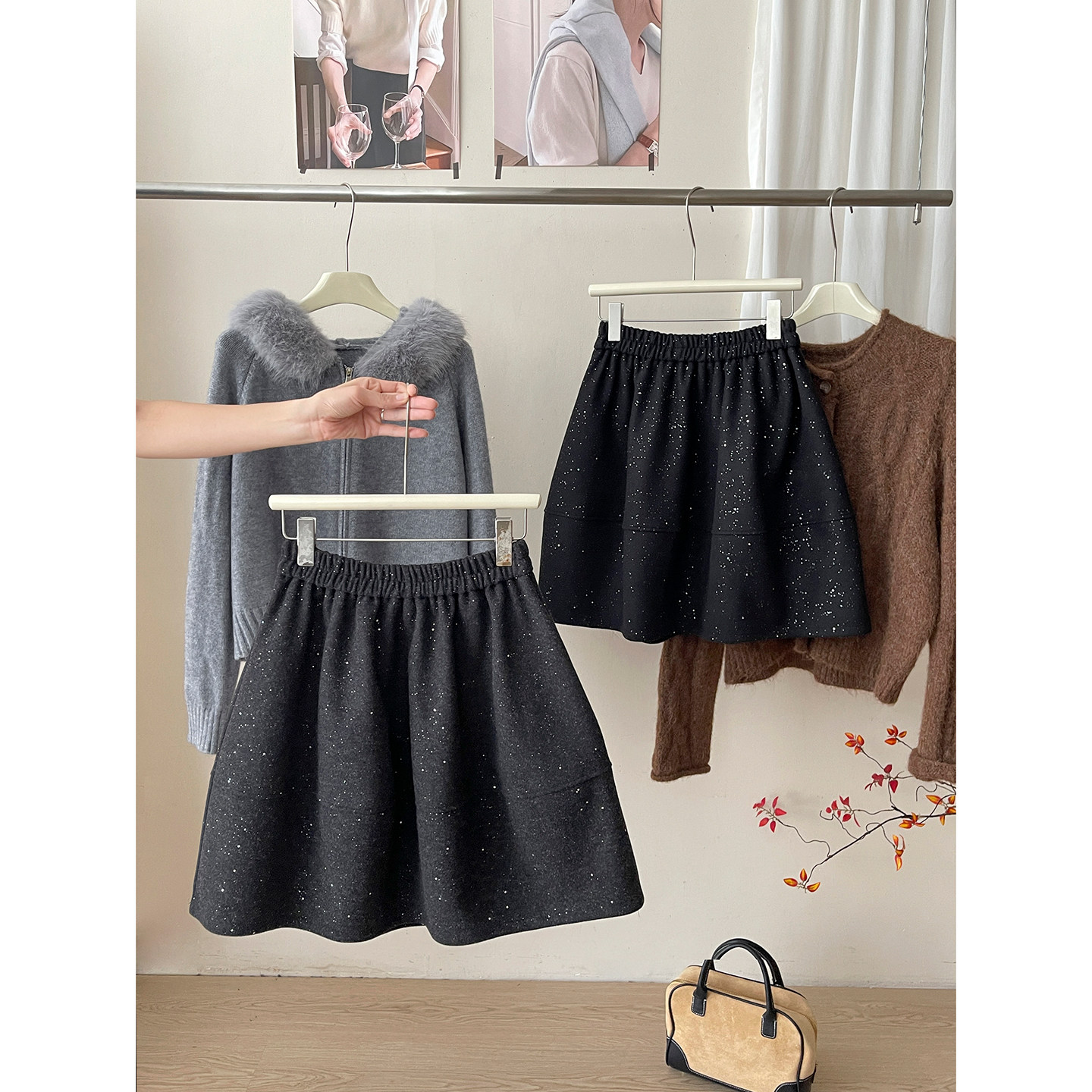 miu系复古亮片闪闪毛呢料花苞裙