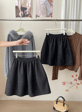 miu系复古亮片闪闪毛呢料花苞蓬蓬短中裙女秋冬百搭南瓜半身裙子