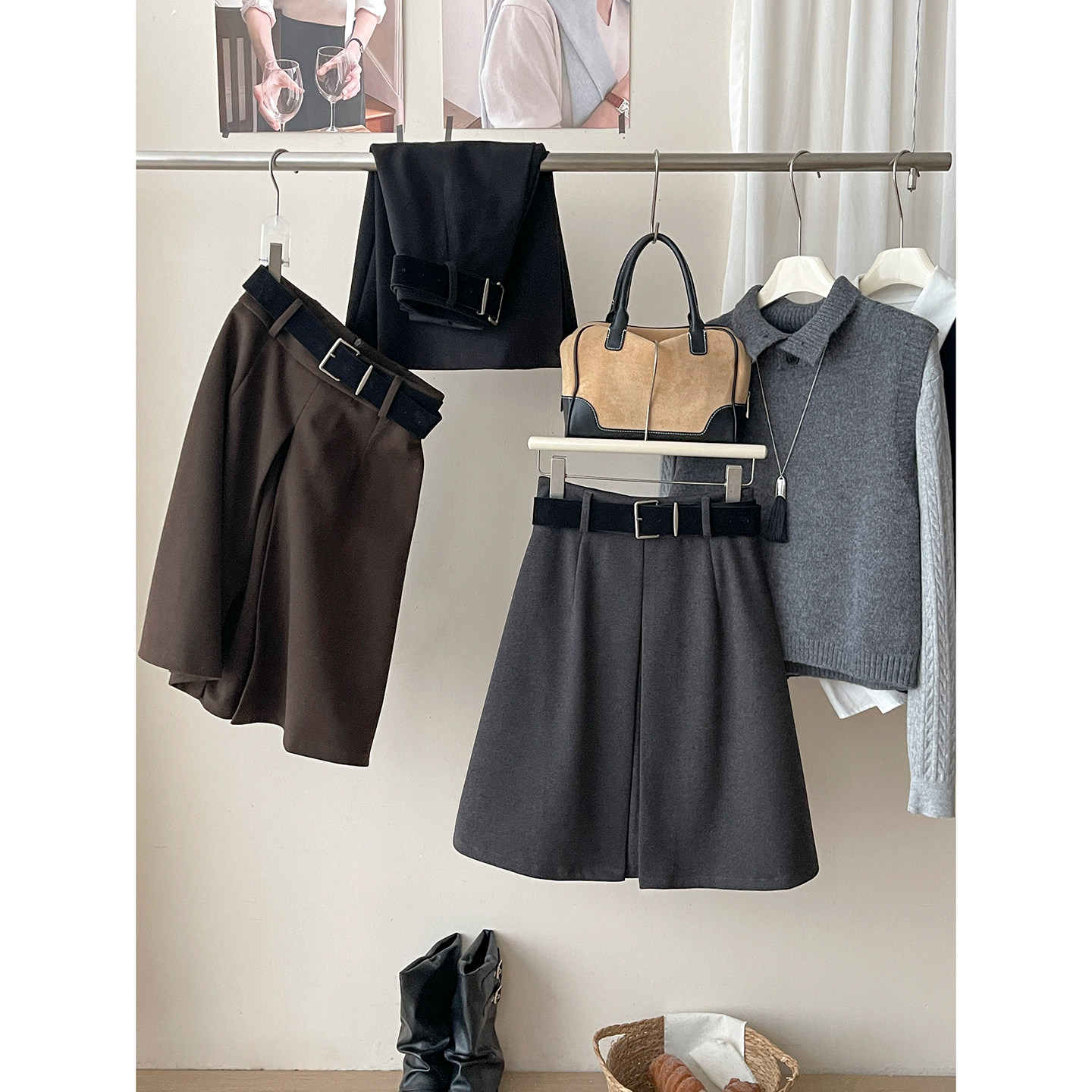 日韩miu系复古毛呢料压褶开叉裙