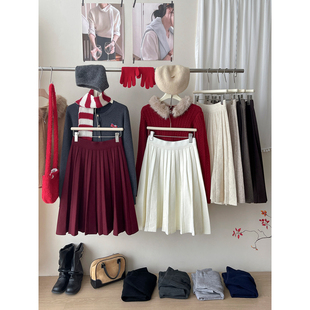 miu韩系复古新年毛线针织百褶蓬蓬中裙女秋冬百搭松紧腰半身裙子