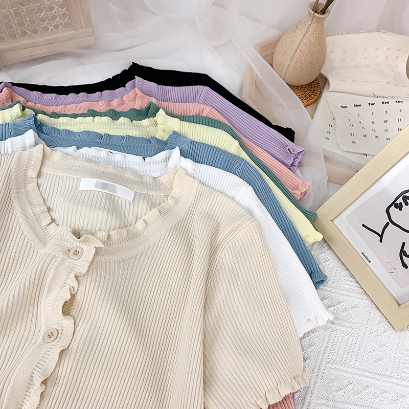 木耳荷叶边小香风冰丝针织开衫女夏季气质短袖宽松设计感外搭上衣