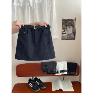 美式 洗水棉短裙女春夏洋气质韩国chic包臀辣妹A字半身裙 复古工装