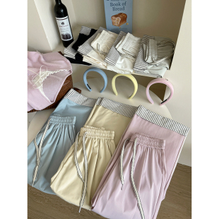 女春夏复古宽松直筒休闲裤 日韩系松紧腰简约翻卷边拼接条纹阔腿裤