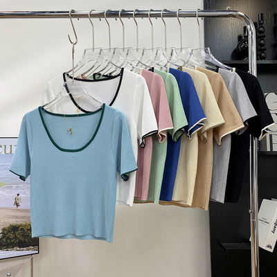 撞色百搭短款辣妹冰丝短袖针织衫