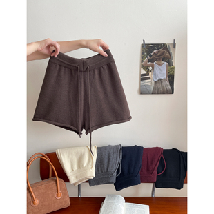 日韩系复古松紧腰卷边毛线针织短裤 子 女秋冬外穿百搭显瘦阔腿靴裤