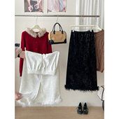 miu韩系金丝绒拼接兔毛毛边加绒直筒半身裙女秋冬法式 洋气a字长裙