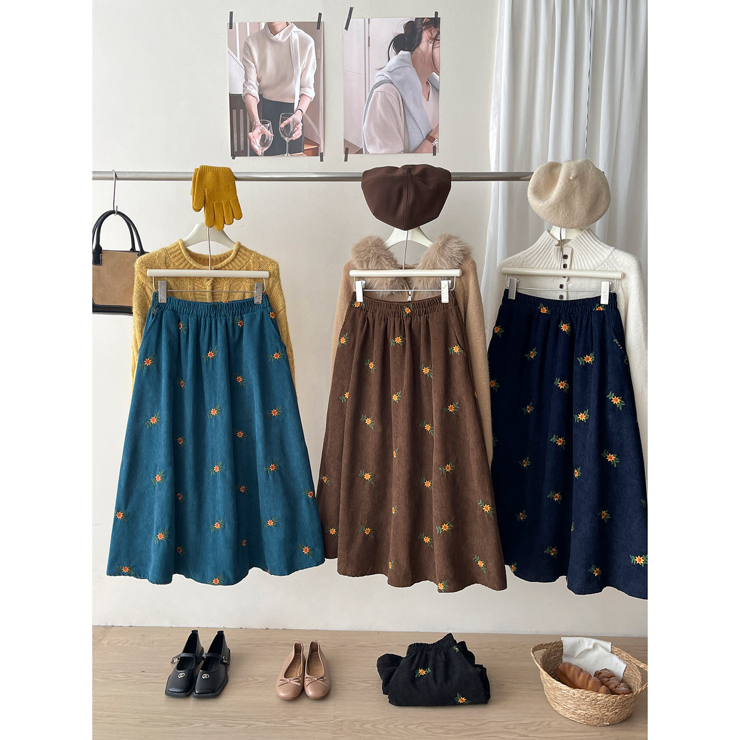 日韩系刺绣小碎花灯芯条绒半身裙