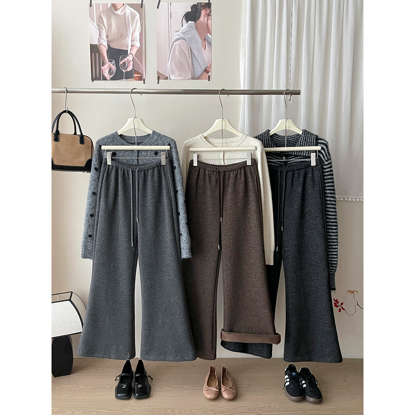 法式复古双色羊绒微喇叭阔腿裤子