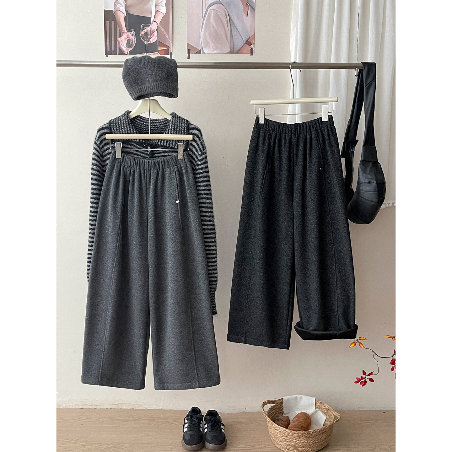 日韩系老钱风羊绒毛呢料阔腿裤子