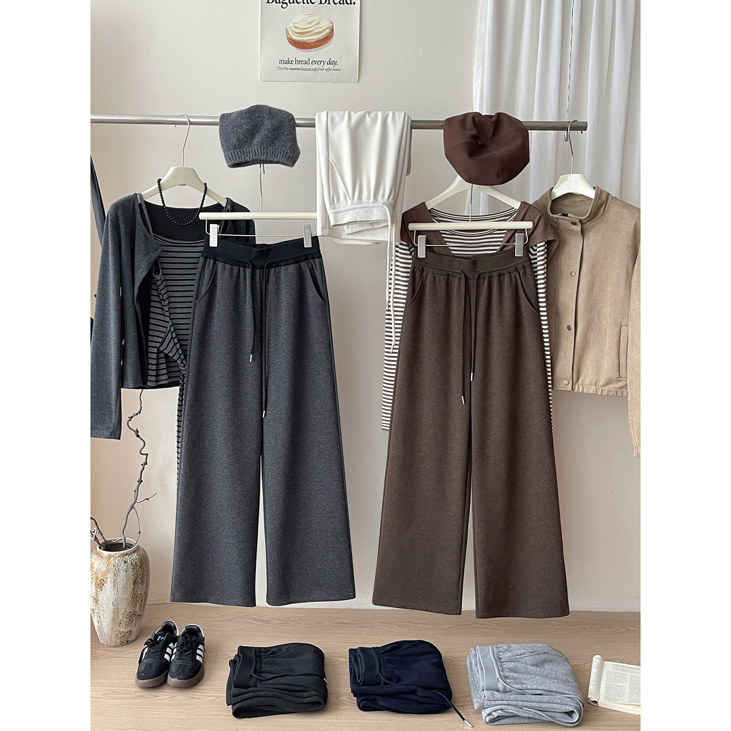 日韩系螺纹松紧腰糯米羊绒阔腿裤女秋冬慵懒风松弛感直筒休闲卫裤,女装/女士精品,休闲裤,淘宝优惠券,粉丝福利购,淘宝优惠卷