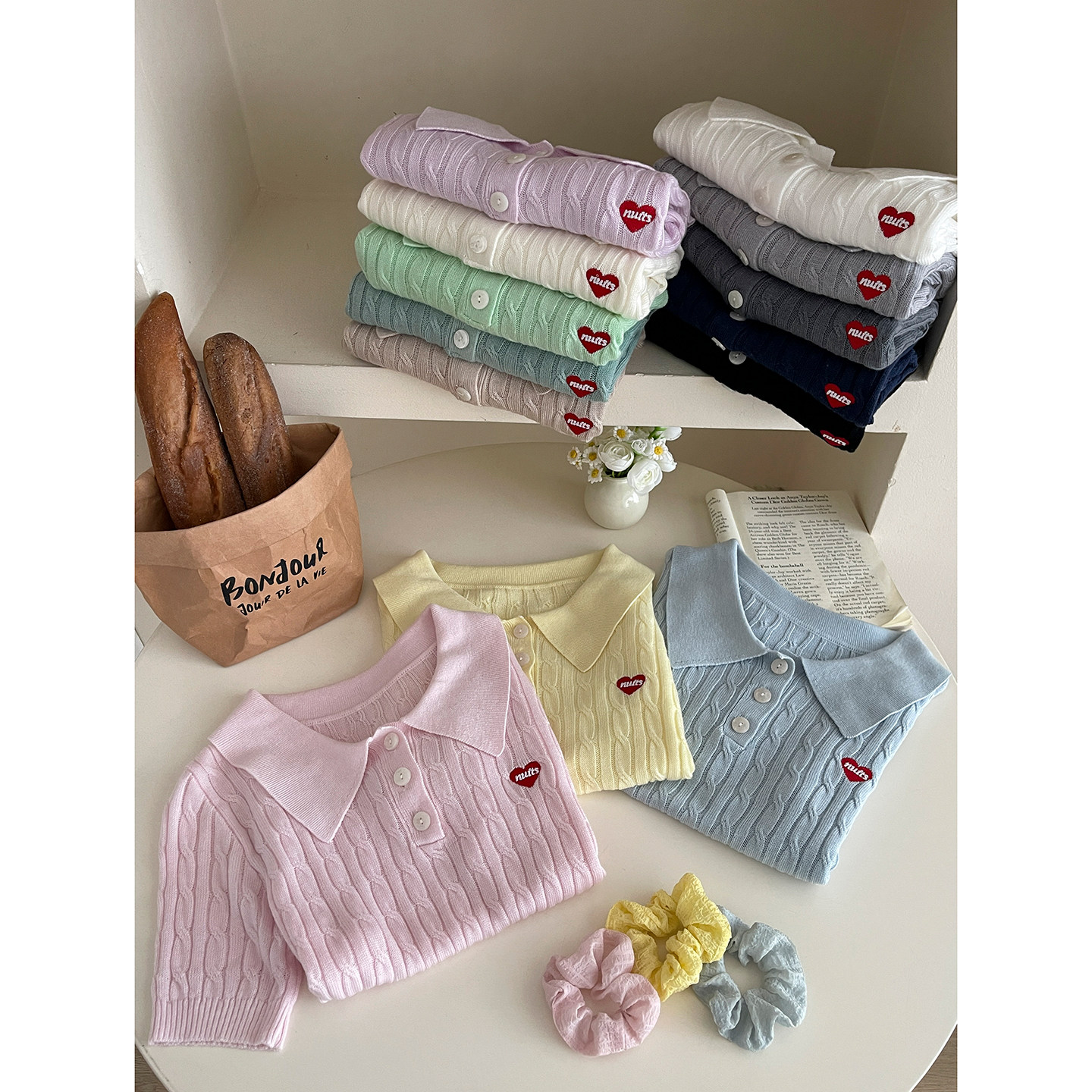 日韩miu系polo领麻花针织衫短袖女夏复古爱心刺绣显瘦百搭T恤上衣