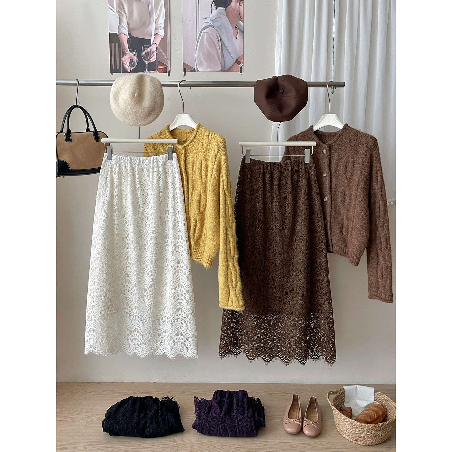 法式复古磨毛蕾丝百搭显瘦半身裙