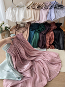 高级感流珠光纱缎面雪纺百褶皱半身裙女夏复古亮闪闪风琴a字长裙