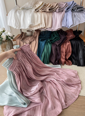 高级感流珠光纱缎面雪纺百褶皱半身裙女夏复古亮闪闪风琴a字长裙