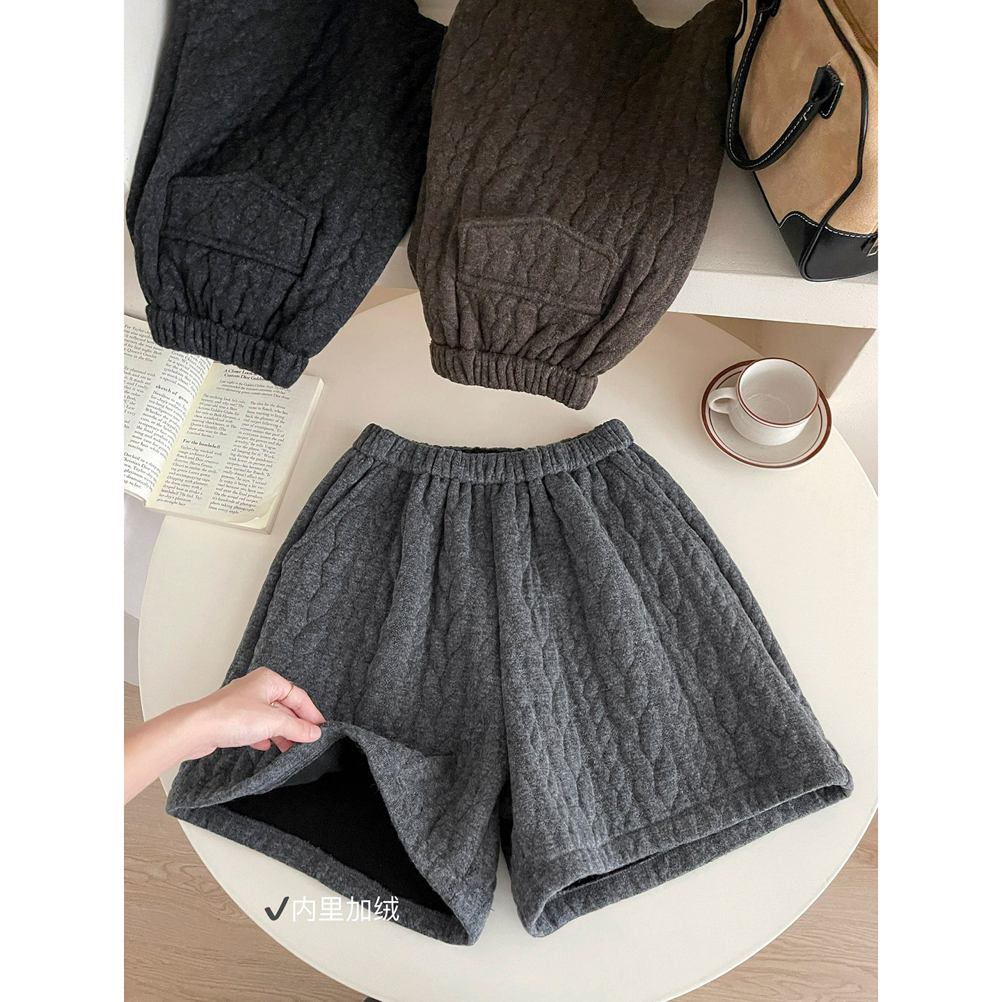 日韩系复古夹棉羊绒加绒针织短裤