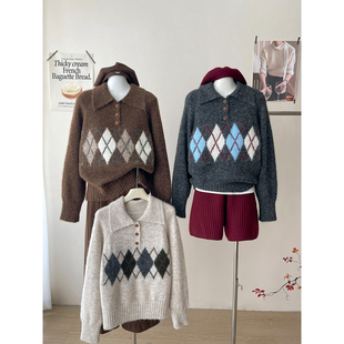 日韩系东大门菱形格纹翻领毛衣女秋冬松弛感慵懒风休闲打底针织衫