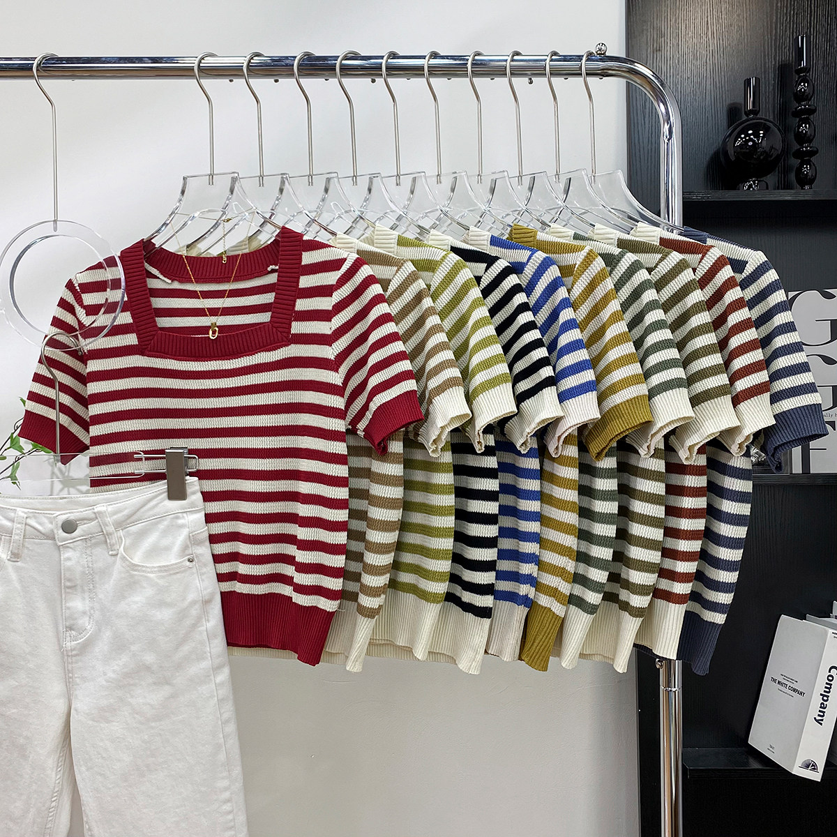 气质复古法式冰丝条纹短袖针织衫