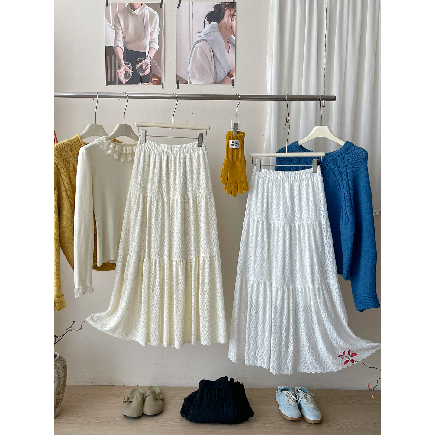 日韩系温柔风蕾丝磨毛大摆蛋糕裙