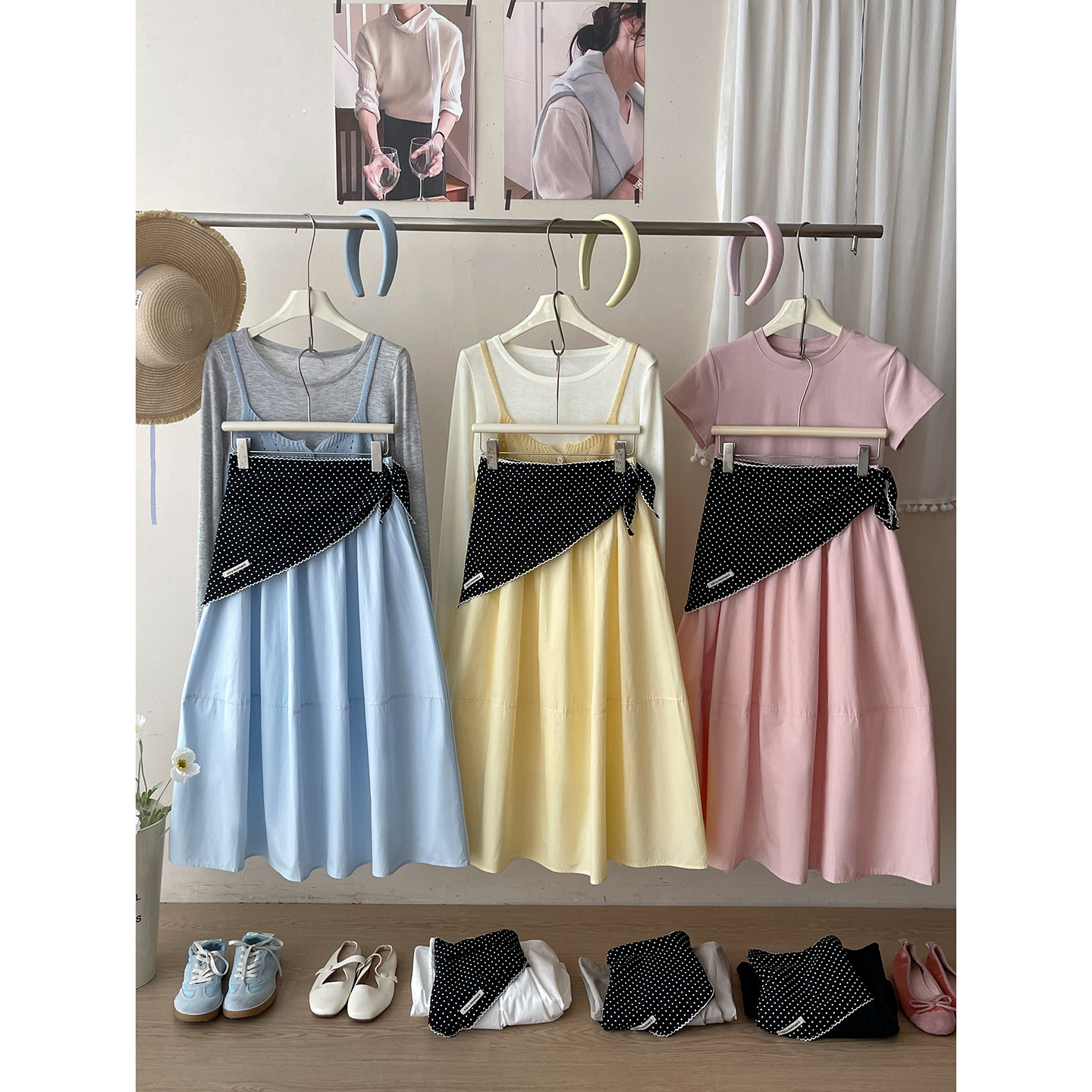 日韩系百搭配波点丝巾洗水棉花苞半身裙女春夏法式休闲灯笼气球裙