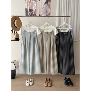 女春夏休闲松驰感直筒大脚裤 日韩系花苞腰条纹洗水棉麻西装 阔腿裤